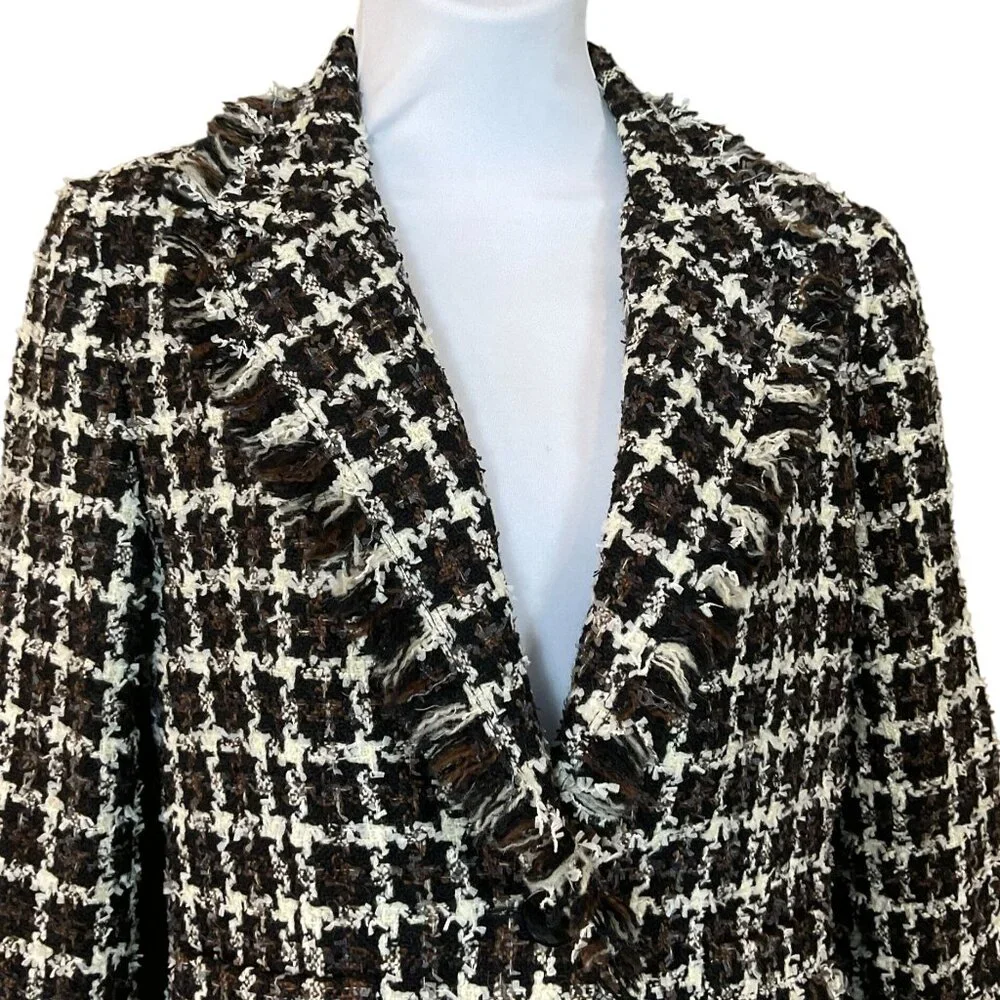 Avenue Montaigne Paris Brown Black Houndstooth Tweed Wool Blend Fringe Jacket 3